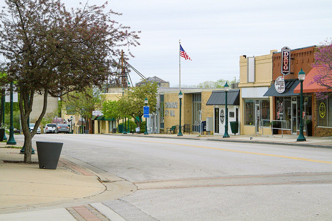 Tonganoxie, KS street scene near Lawrence, where we provide hail damage roof repair